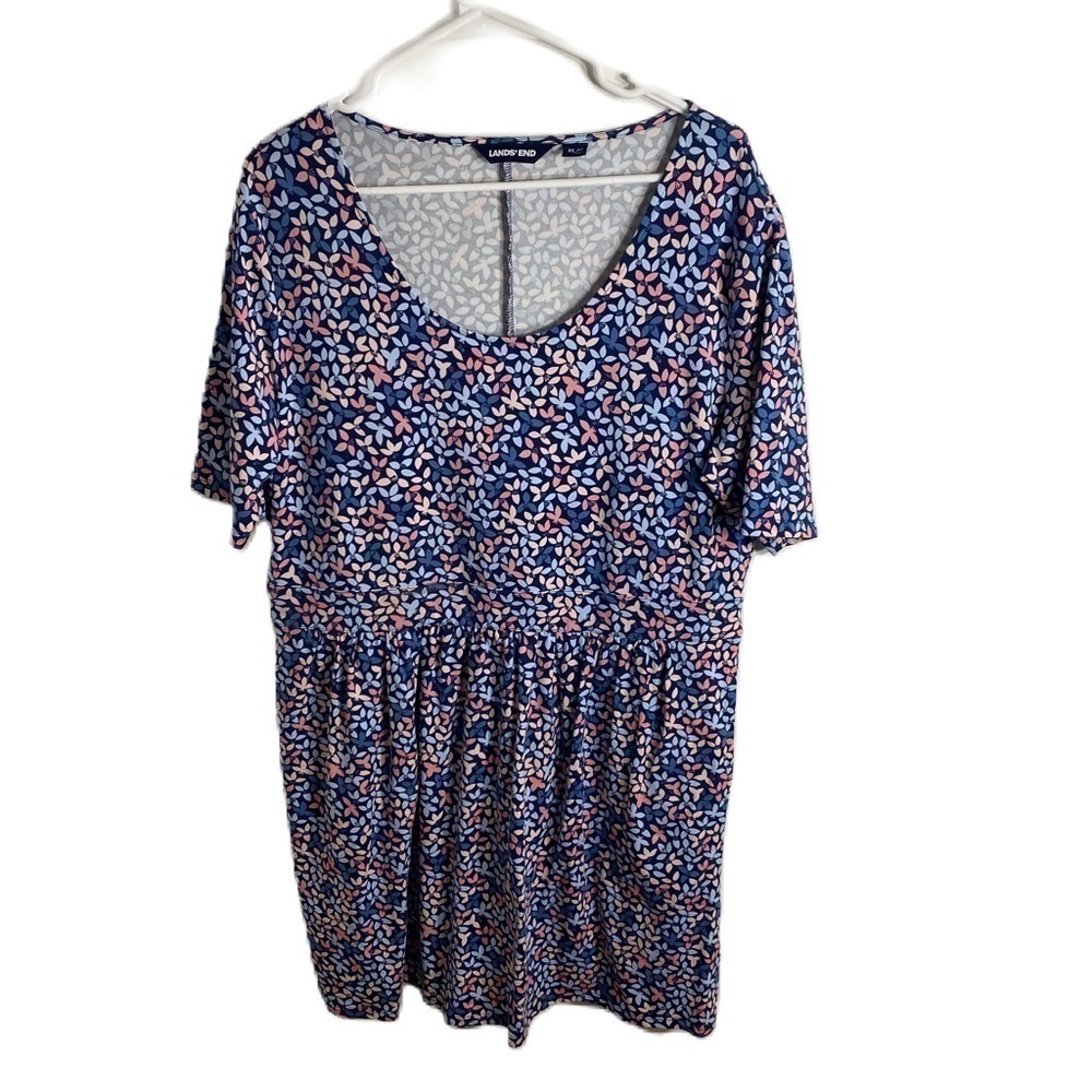 Lands End Floral Dress XL Short Sleeve Pink Blue Pockets Women’s